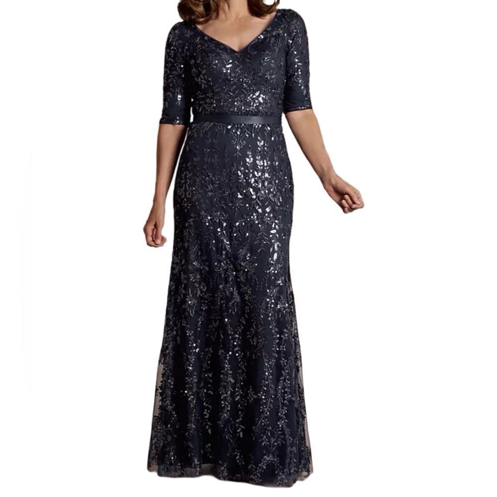 OLEG CASSINI Blue Beaded Sequin Lace Formal Dress Size 10 New With Tags - Picture 2 of 13
